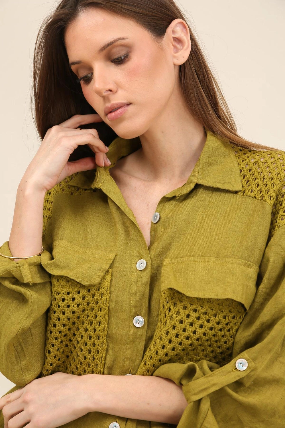 Camille Pure Linen Crochet-Detail Shirt by ADORA PARIS