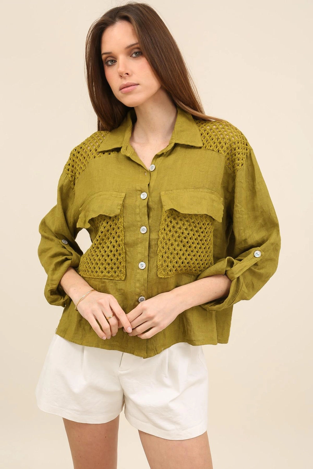 Camille Pure Linen Crochet-Detail Shirt by ADORA PARIS