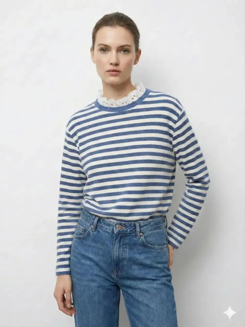 Chloe Striped Breton Top with Broderie Anglaise Collar