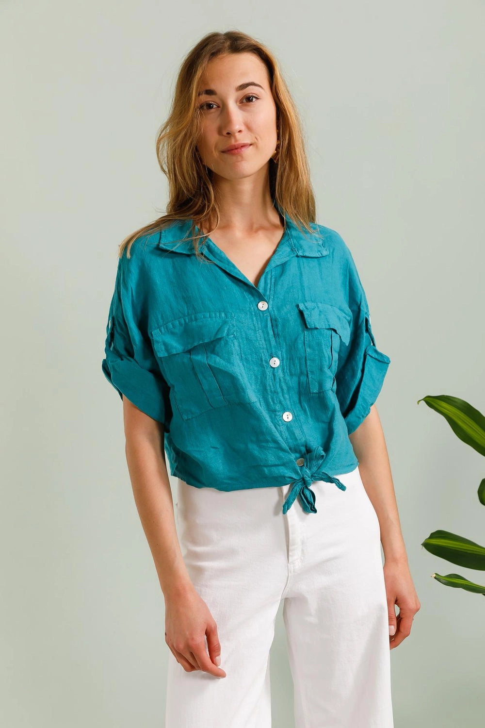 Sophie Tie-Front Pure Linen Cropped Shirt by ADORA PARIS