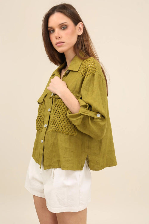 Camille Pure Linen Crochet-Detail Shirt by ADORA PARIS