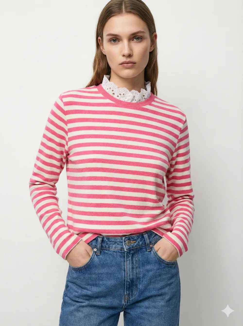 Chloe Striped Breton Top with Broderie Anglaise Collar
