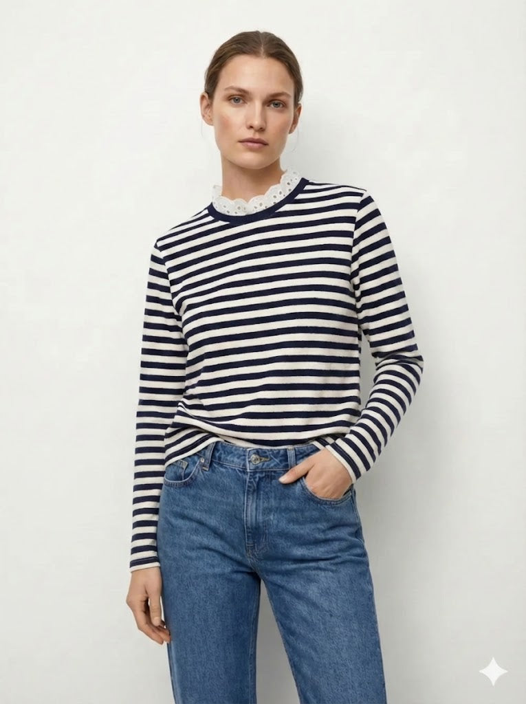 Chloe Striped Breton Top with Broderie Anglaise Collar